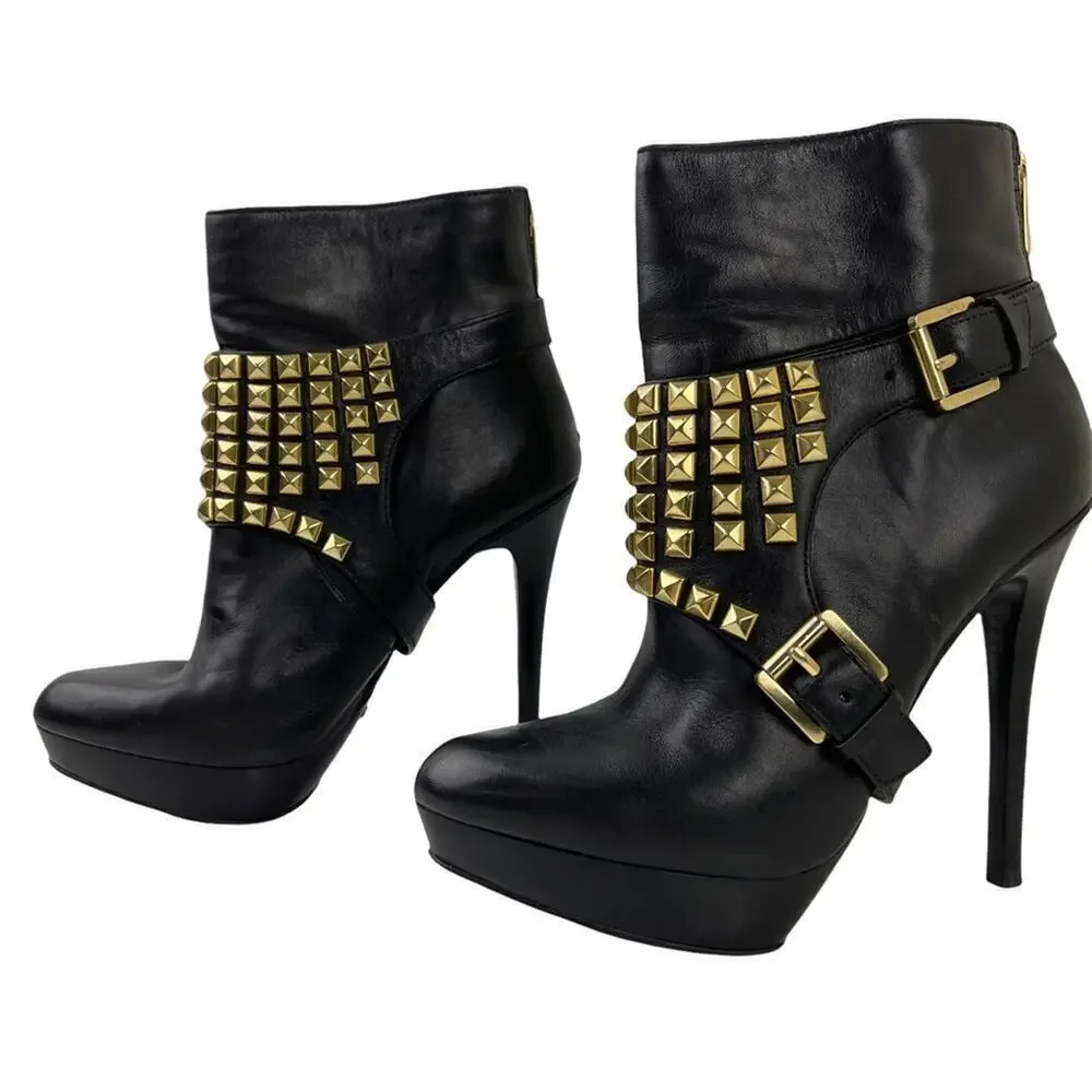 Michael Kors Rock and Roll Black Leather Gold Studs Harness Booties Boots 7M